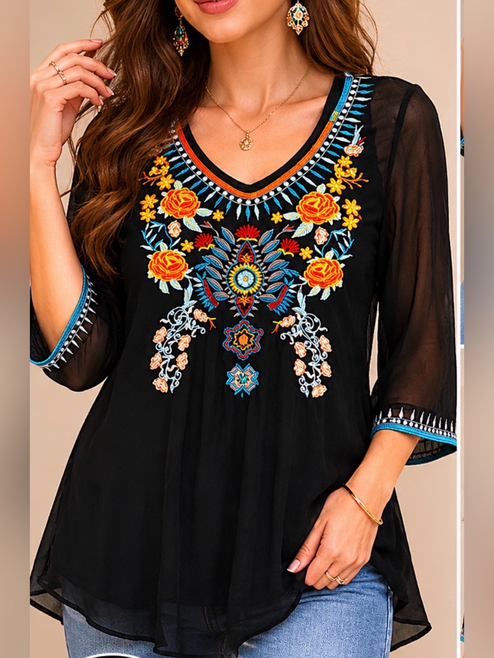Black Embroidered Boho Tunic Top Large Sheer Floral Festival Blouse